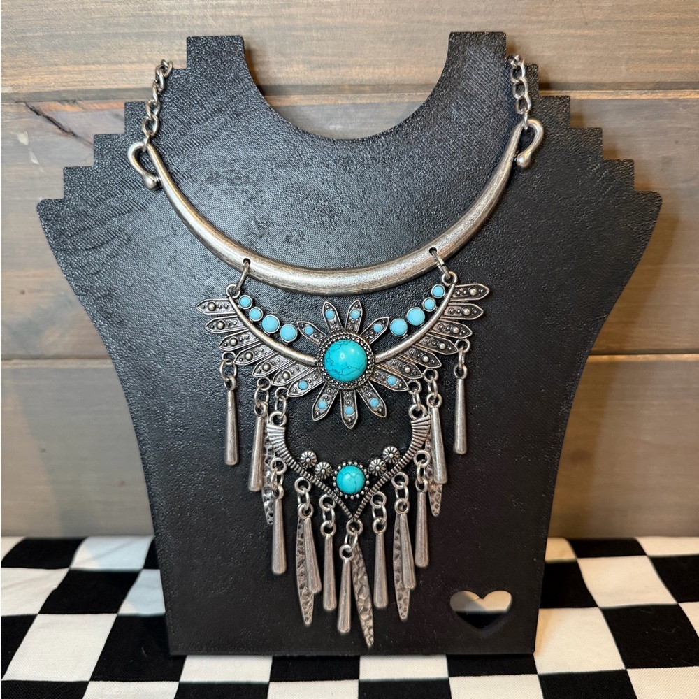 Southwest Style Silver Tone Turquoise Color Accented Layered Statement Necklace